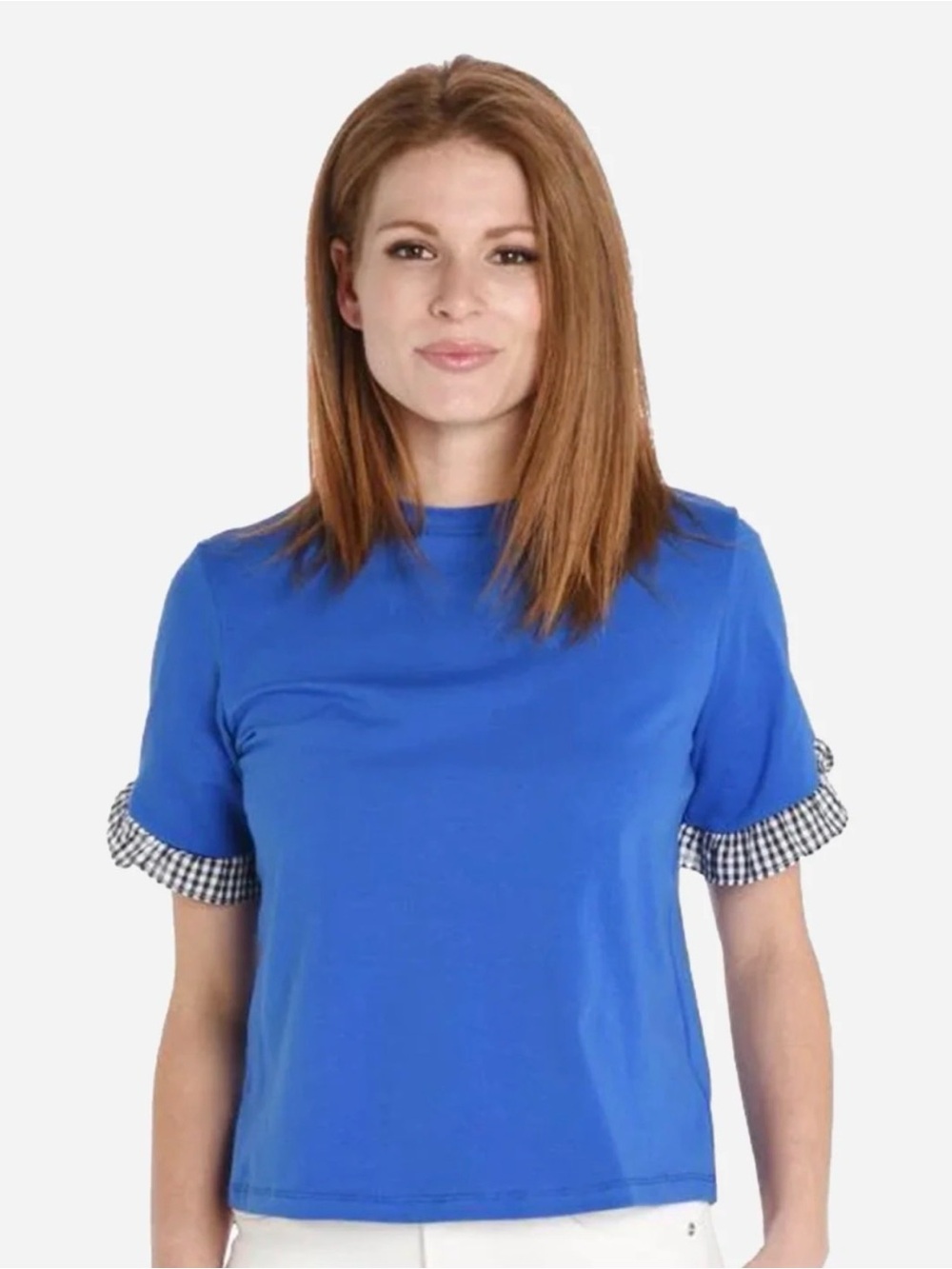 English Factory New Women’s Blue Short Sleeve Tee with Gingham Ruffle Cuffs
